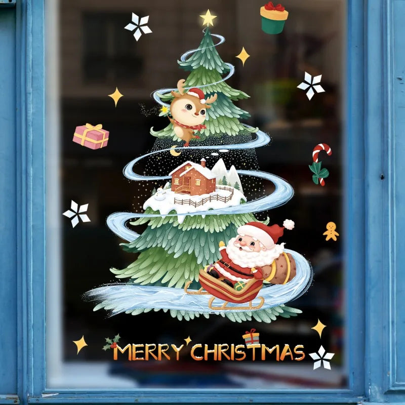 Cartoon Christmas Window Sticker - Xmas Tree & Wreath Static Clings, Merry Christmas 2025