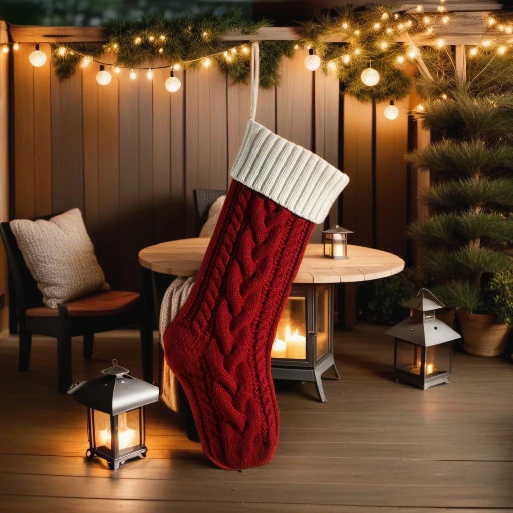 Large Knitted Christmas Stocking - Classic Green/Red Hanging Decor, 46cm