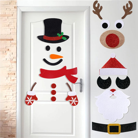 Christmas Door & Window Stickers - Elk, Snowman & Santa Claus Felt Cloth Decals, 2025