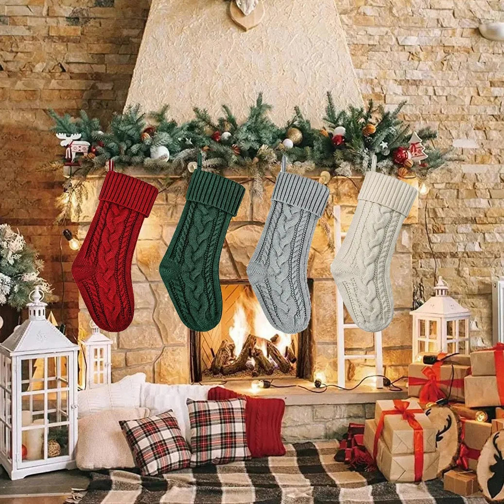 Large Knitted Christmas Stocking - Classic Green/Red Hanging Decor, 46cm
