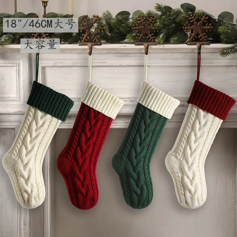 Large Knitted Christmas Stocking - Classic Green/Red Hanging Decor, 46cm