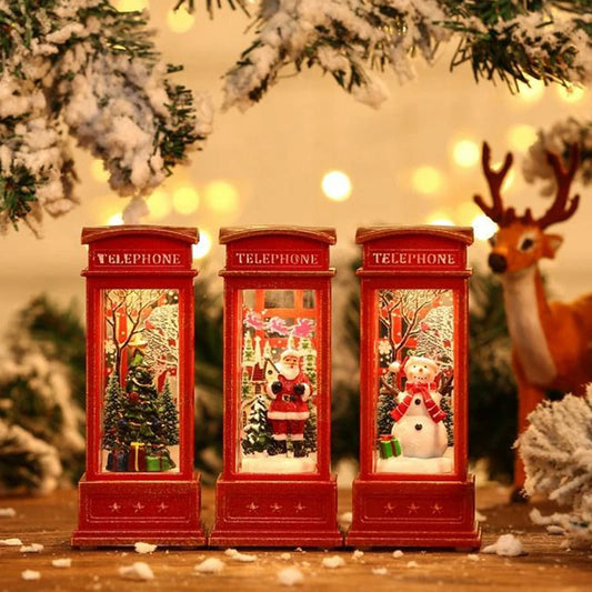 Retro Phone Booth Ornament with LED Light - Santa, Snowman & Xmas Tree Decor, 1pc
