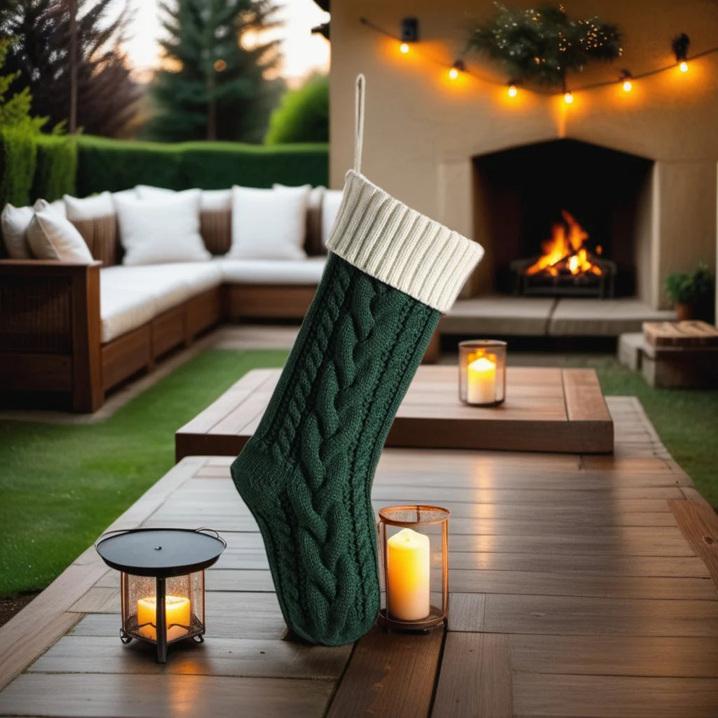 Large Knitted Christmas Stocking - Classic Green/Red Hanging Decor, 46cm