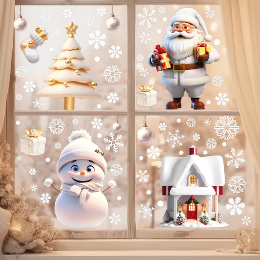 Christmas Wall Sticker - Snowman, Snowflake & Santa Glass Decals for Window Decor