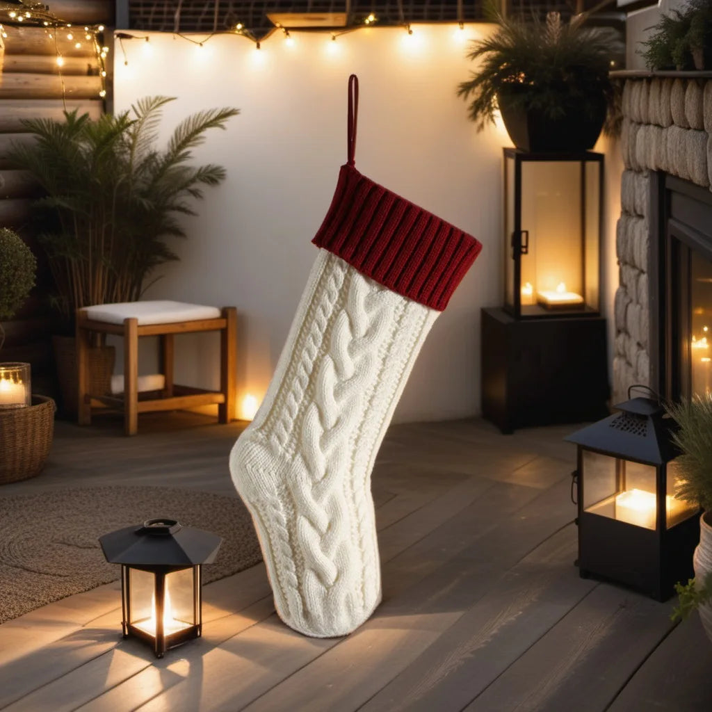 Large Knitted Christmas Stocking - Classic Green/Red Hanging Decor, 46cm