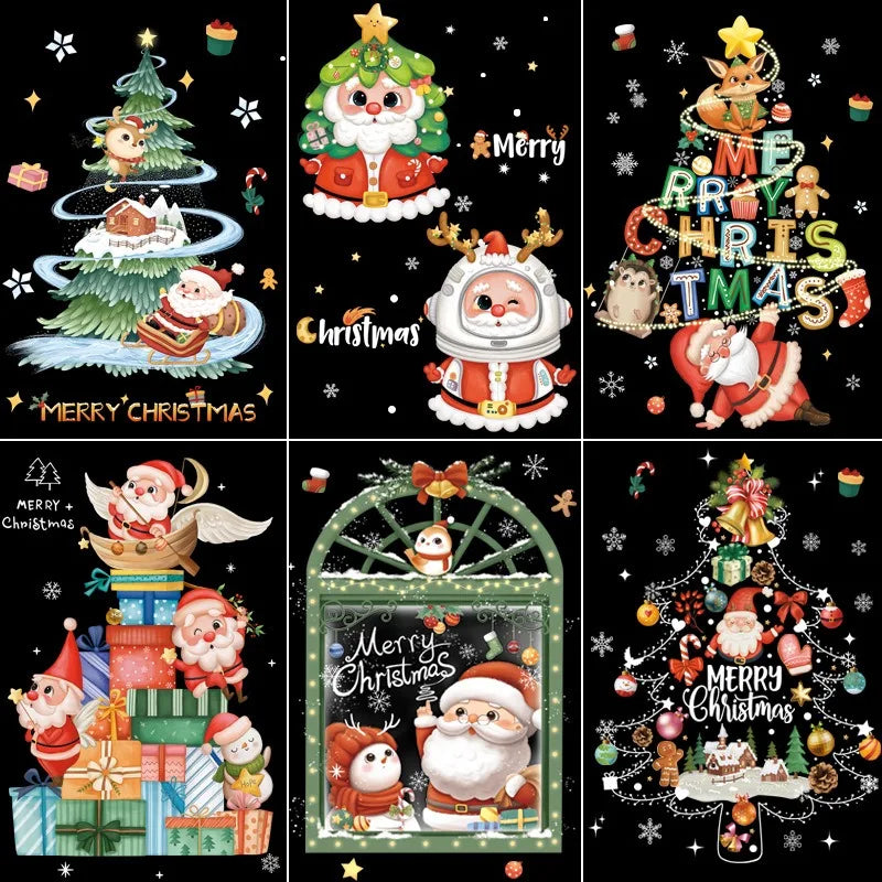 Cartoon Christmas Window Sticker - Xmas Tree & Wreath Static Clings, Merry Christmas 2025