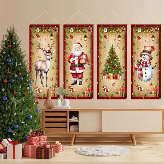 Christmas Hanging Flag Oranment Vintage Christmas House Pull Flags Hanging Decor 2024 for Home Party Fireplace Decorations 2025